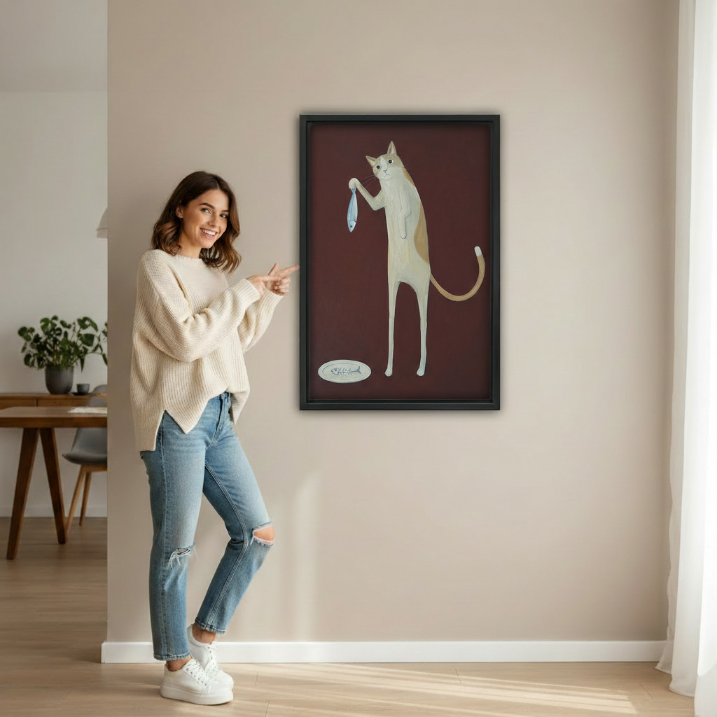 Woman holding tall cat holding fish canvas wall art – large framed print for home