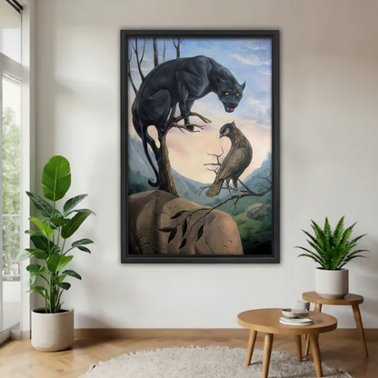 Surrealist black panther canvas wall art in black frame above living room sofa — panther and hawk optical illusion tree face, bold statement wall decor