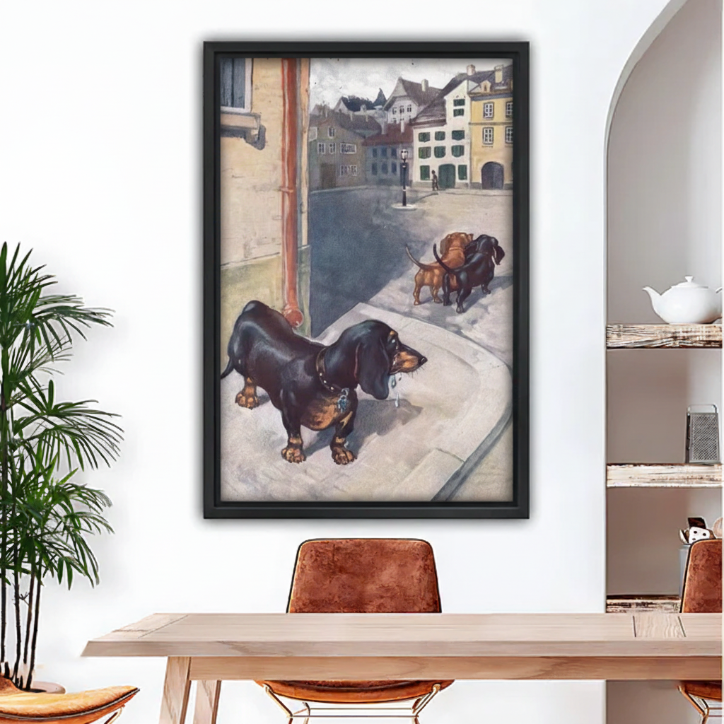 Vintage dachshund heartbreak European street framed wall art print hanging above dining table, retro dog illustration
