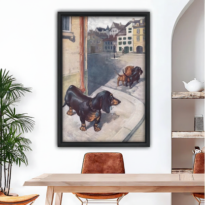 Vintage dachshund heartbreak European street framed wall art print hanging above dining table, retro dog illustration