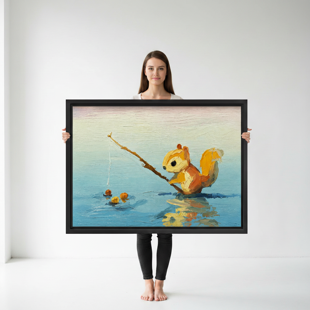 Squirrel fishing oil painting in black frame above wooden sideboard, living room art