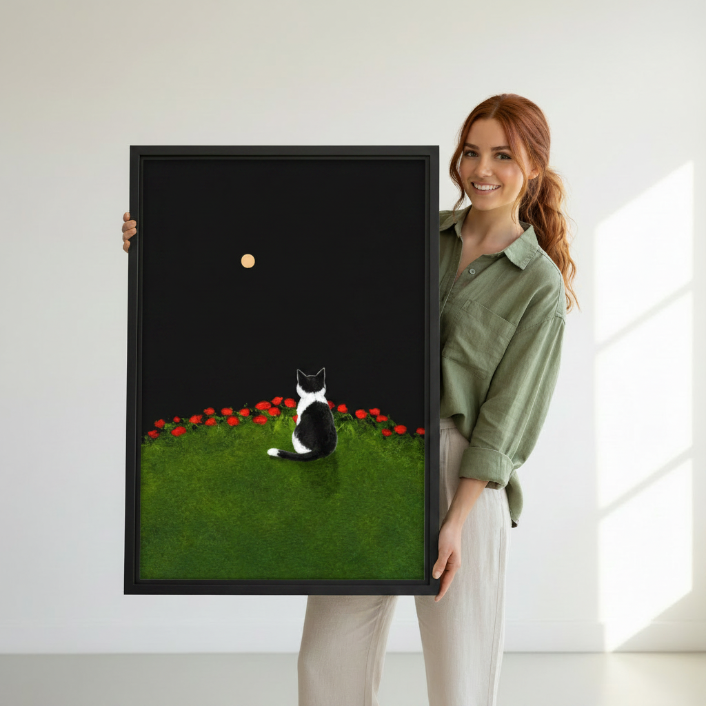 Woman holding black cat moon rose garden minimalist canvas print – black framed wall art, moody night scene, perfect cat lover home decor gift