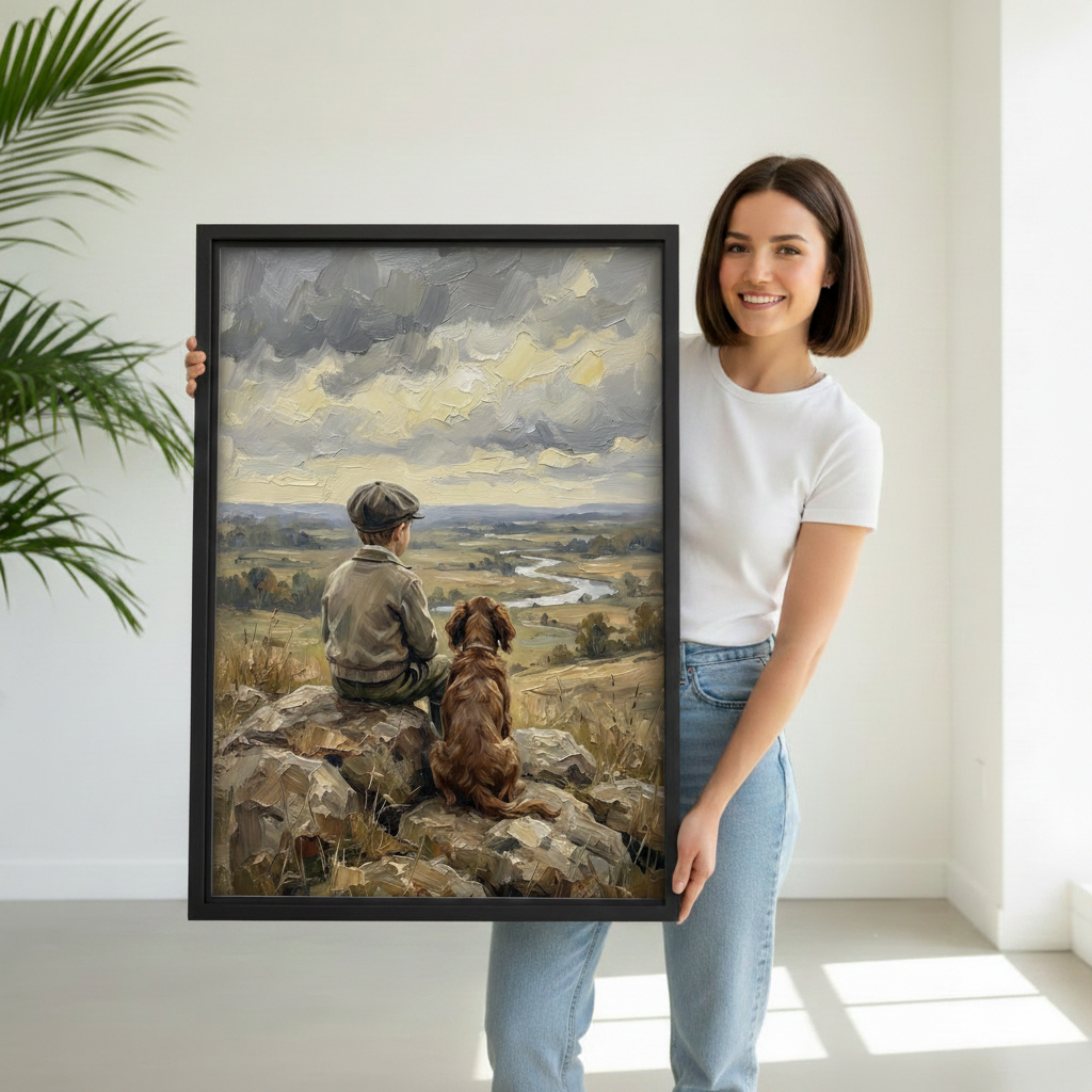 Woman holding boy and dog oil painting canvas wall art print with black frame, white studio background