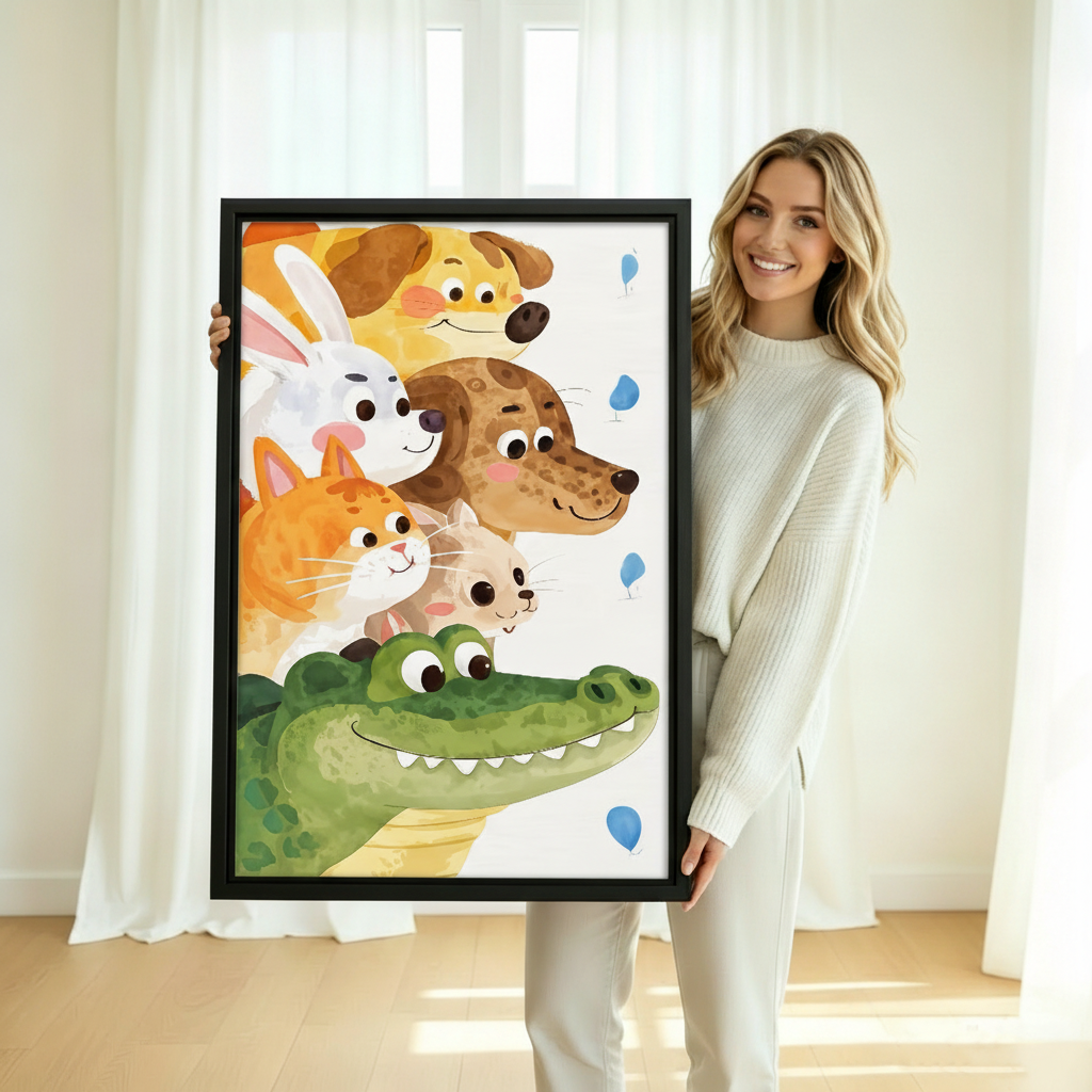 Cute animal friends framed art print for playroom, watercolor style illustration with dog, cat, bunny and crocodile
