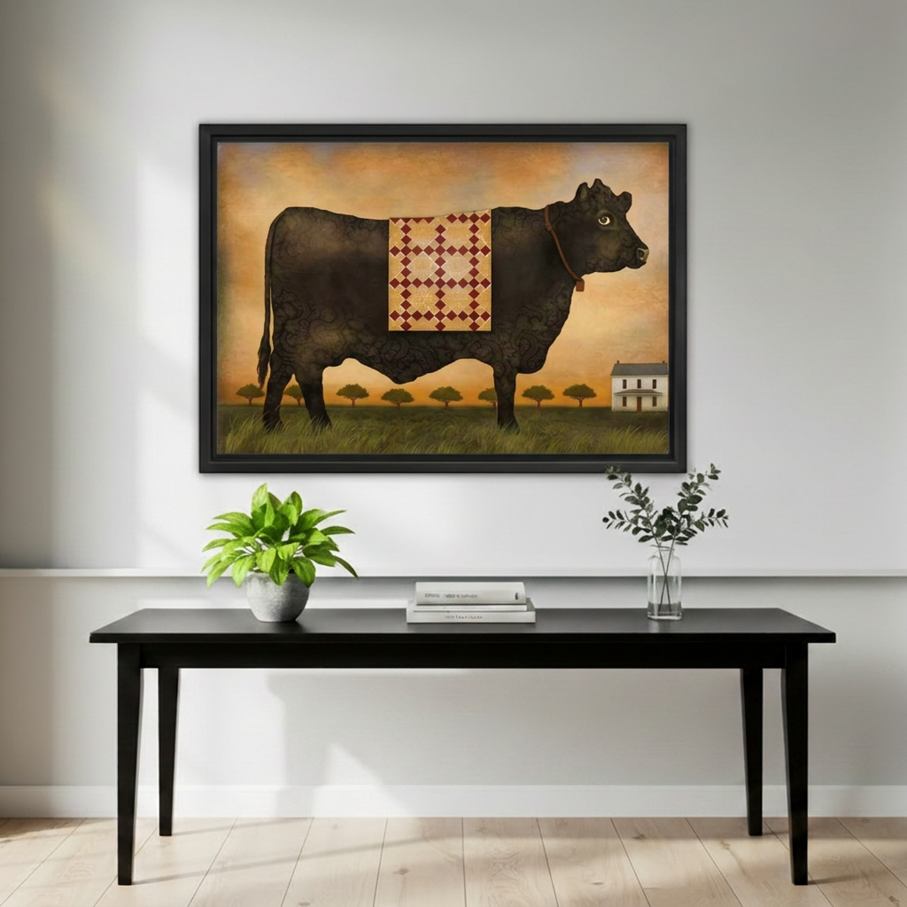 Rustic Folk Art Black Cow Canvas Wall Art | Framed & Unframed l4989