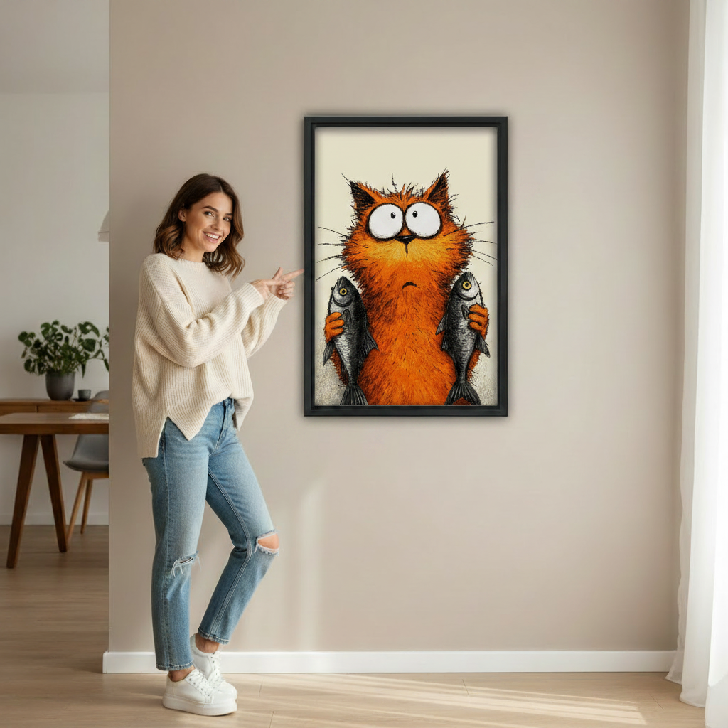 Orange fluffy cat with fish framed wall art hanging in dining room