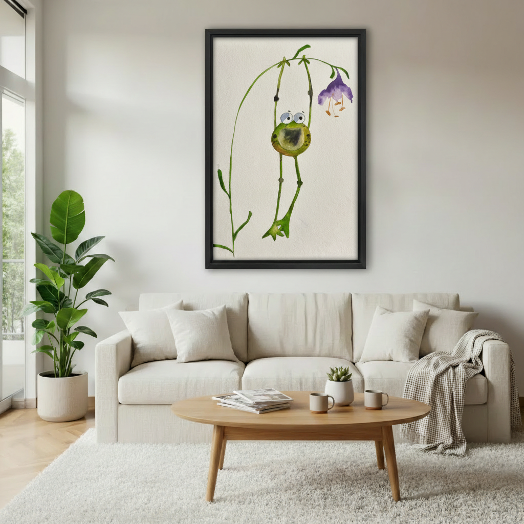 Whimsical frog framed wall art in modern living room — charming watercolor frog canvas print for living room decor