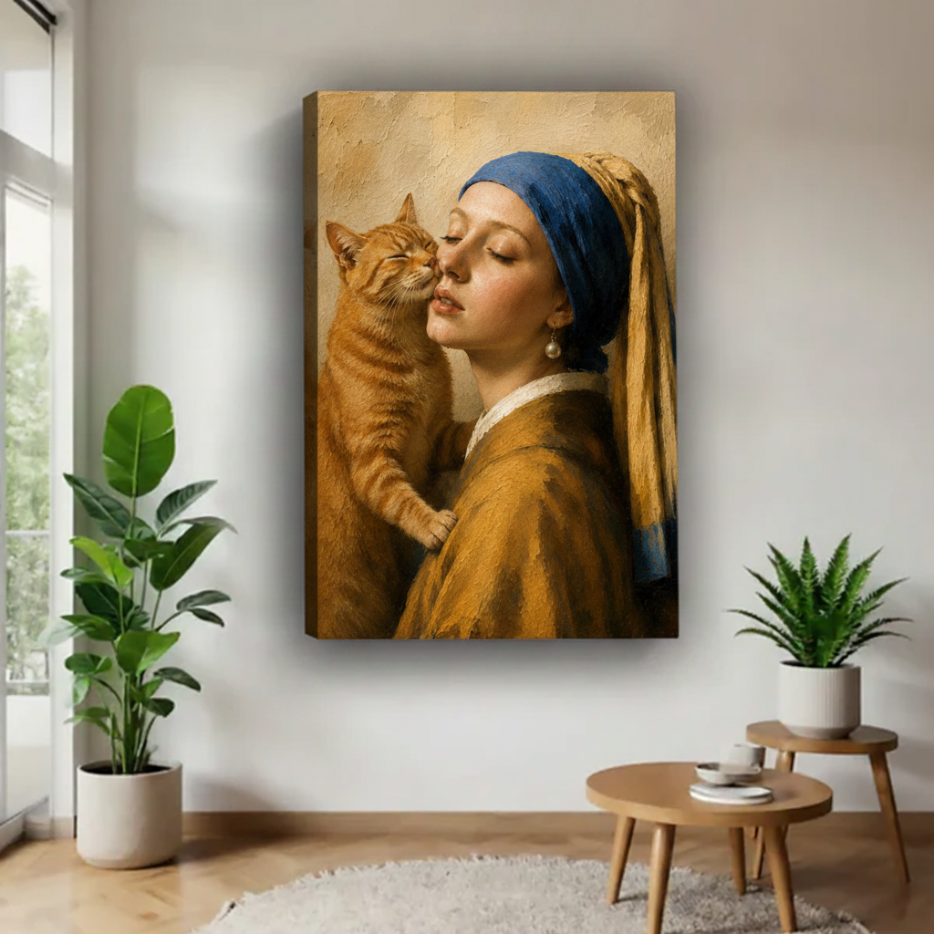 Gallery wrap canvas of Vermeer-inspired girl with orange tabby cat on golden background