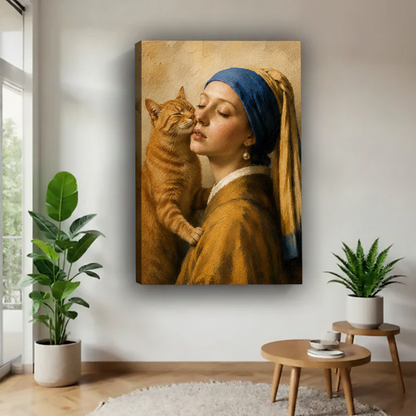 Gallery wrap canvas of Vermeer-inspired girl with orange tabby cat on golden background