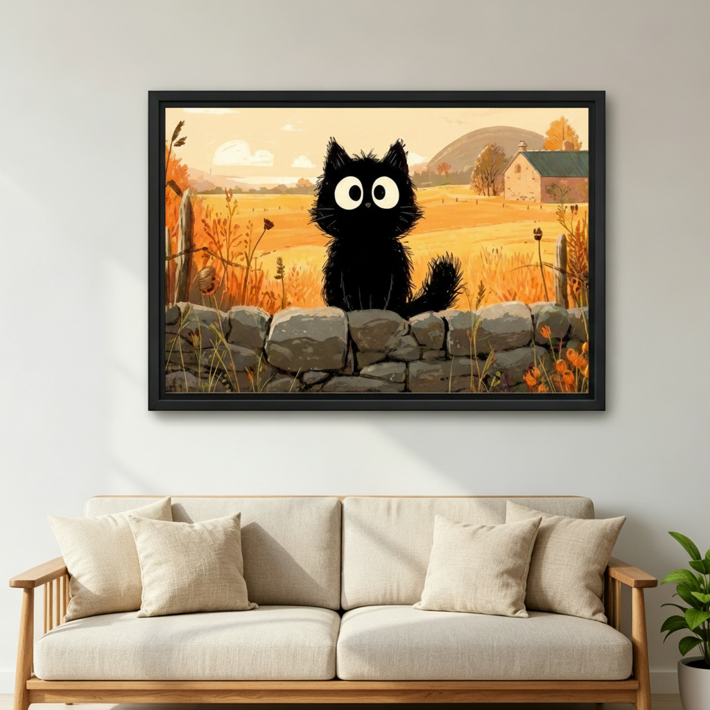 Black cat on a stone wall autumn farm canvas wall art — frameless gallery wrap displayed above an entryway console
