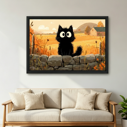 Black cat on a stone wall autumn farm canvas wall art — frameless gallery wrap displayed above an entryway console