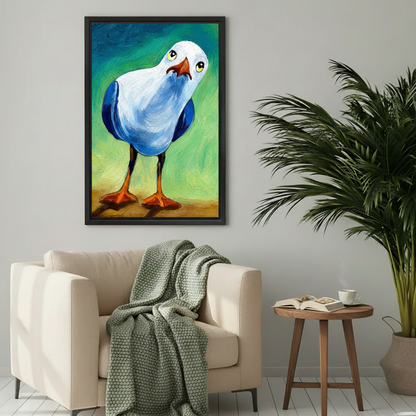 Funny seagull oil painting framed wall art print in elegant home office with marble desk