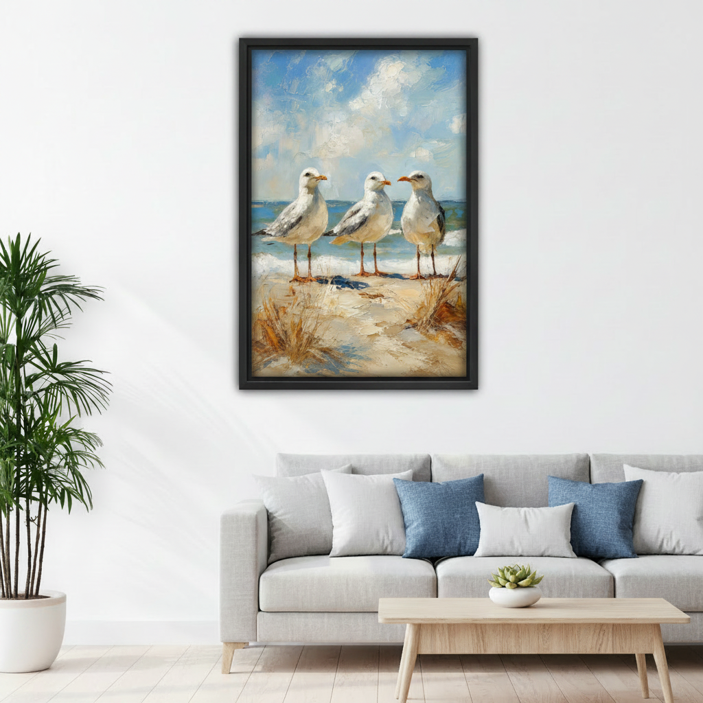 Seagulls beach oil painting canvas wall art displayed above grey sofa in coastal living room