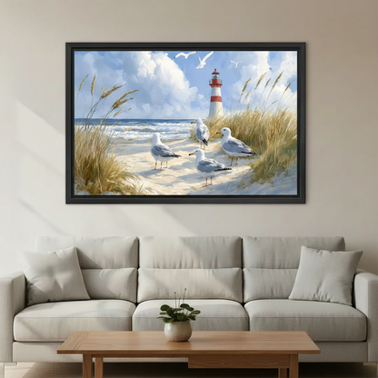 Coastal Lighthouse Seagull Canvas Wall Art - Serene Ocean Scene for Living Room