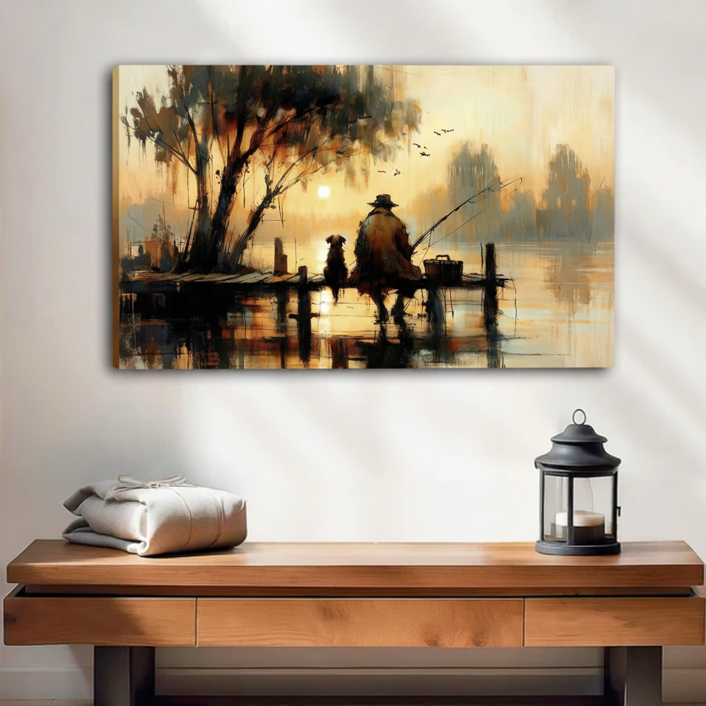 Moody fishing dock wall art in black floating frame above entryway console