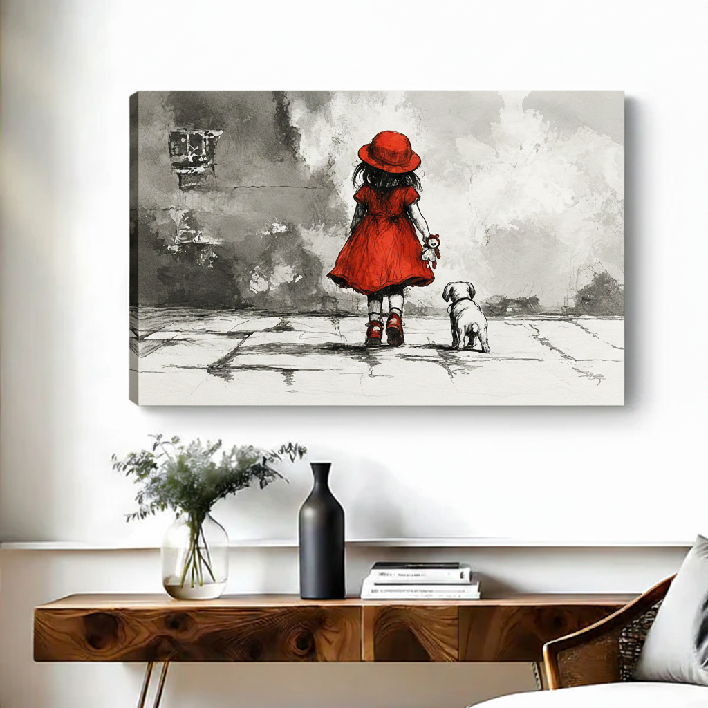 Girl in red walking dog ink sketch gallery wrap canvas print poetic wall art