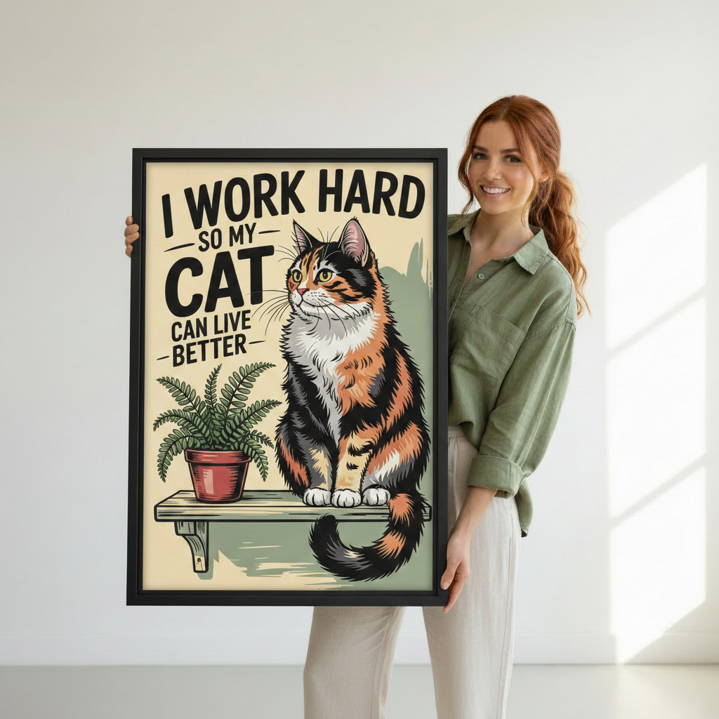 Woman holding funny cat quote retro poster canvas wall art — I Work Hard So My Cat Can Live Better framed print, perfect cat lover gift