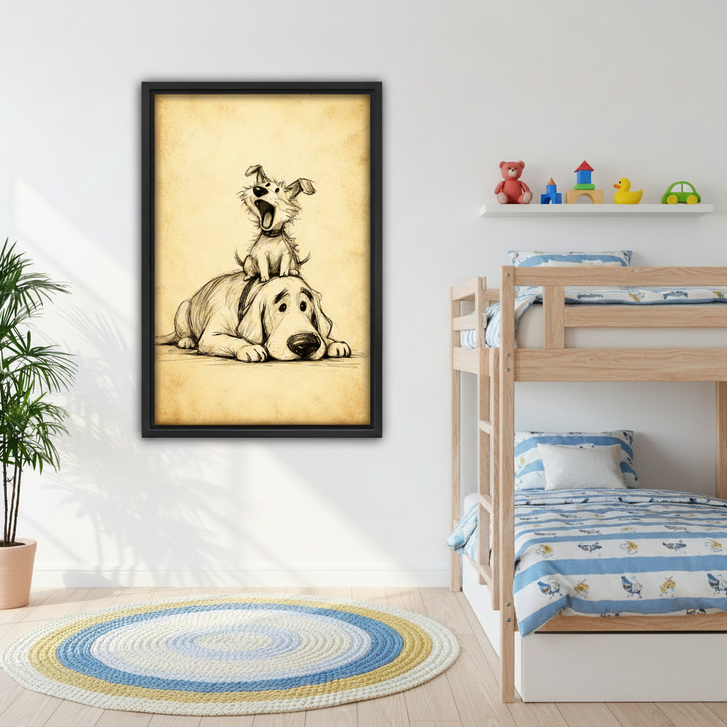 Funny two dogs vintage sketch framed wall art, Scandinavian living room sofa decor, humorous dog print warm tones