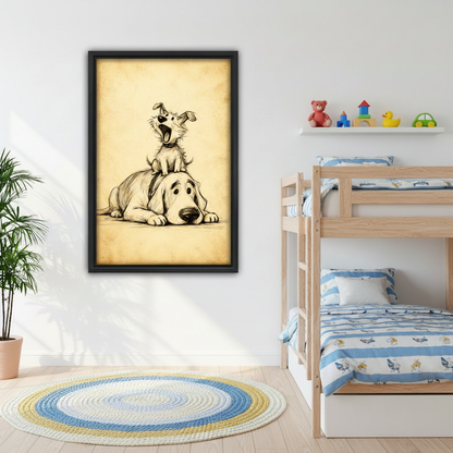 Funny two dogs vintage sketch framed wall art, Scandinavian living room sofa decor, humorous dog print warm tones