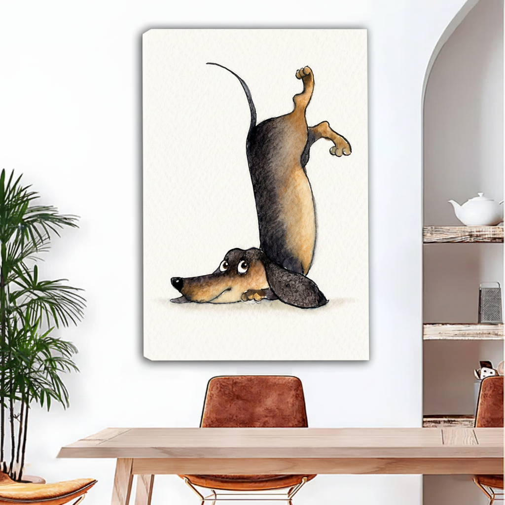 Dachshund yoga watercolor art gallery wrap canvas — humorous dog stretch illustration on cream background, frameless wall art for living room or office
