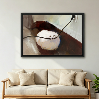 White cat biting a cable oil painting canvas wall art — frameless gallery wrap displayed above an entryway console