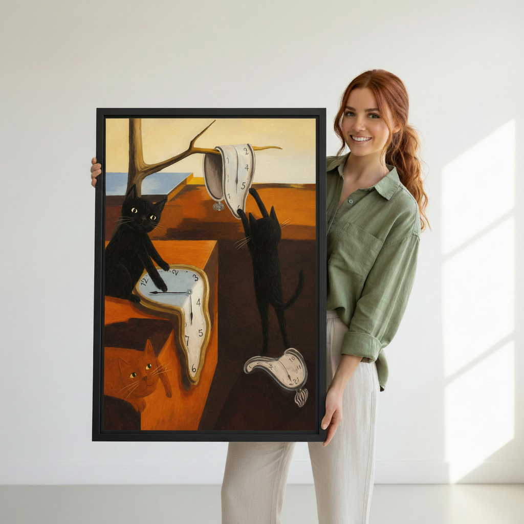 Woman holding cats and melting clocks surrealist framed wall art print – Dali-inspired oil painting, funny cat home decor