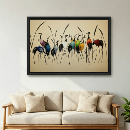 Framed crane wall art with multicolor birds and black ink reeds, modern home decor