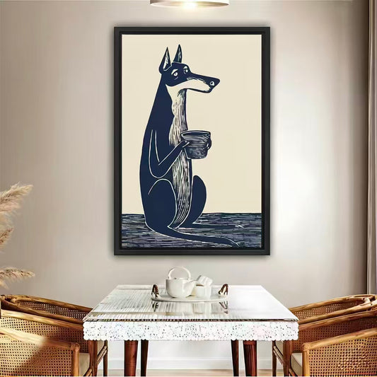 Navy Blue Doberman Coffee Dog Linocut Framed Canvas Wall Art|Liberty Signs#L1824