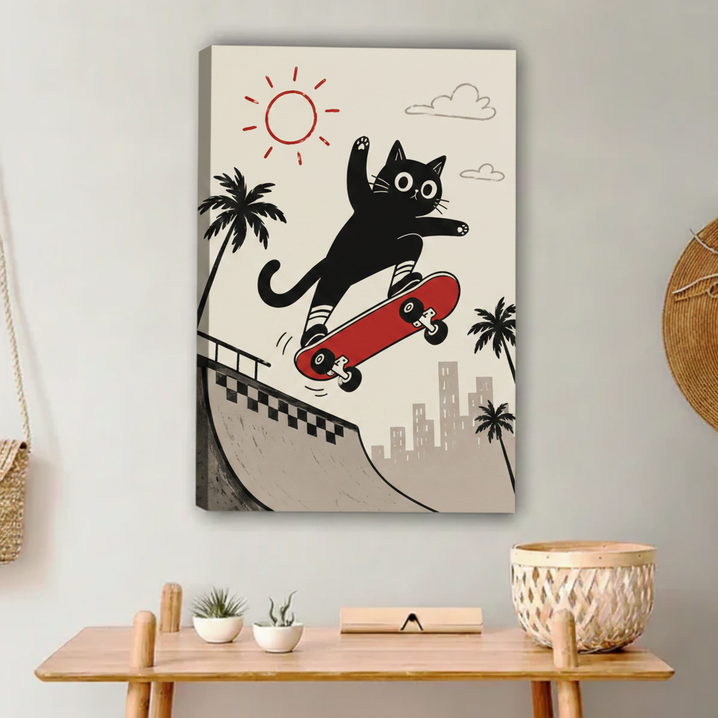 Gallery wrap canvas of cartoon black cat skateboarding — fun retro wall art for teen room