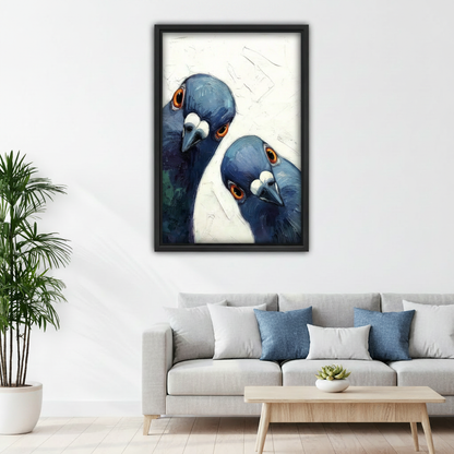 Blue pigeon duo canvas wall art – black frame impasto oil painting above rustic desk in home office