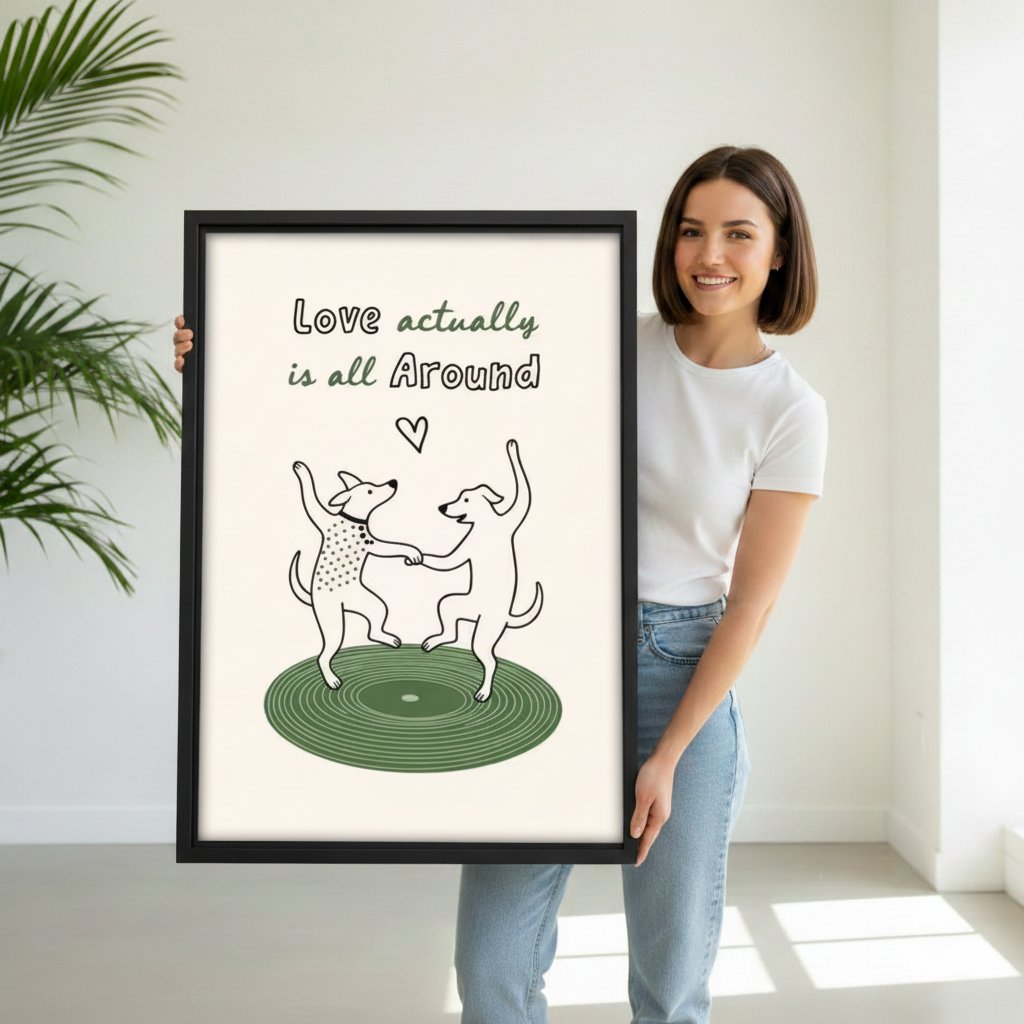Woman holding dancing dogs love quote wall art print, minimalist dog illustration, perfect gift for couples and dog lovers