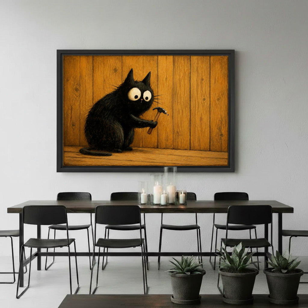 Funny cat canvas wall art displayed on white wall – unique cat lover humor print