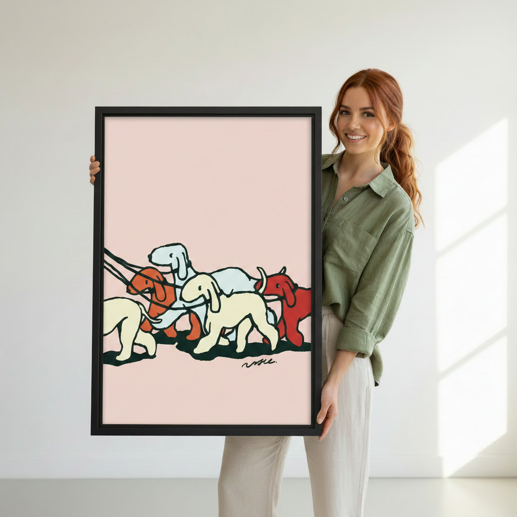 Woman holding colorful dogs on leash framed wall art print – minimalist line art illustration, dog lover home decor