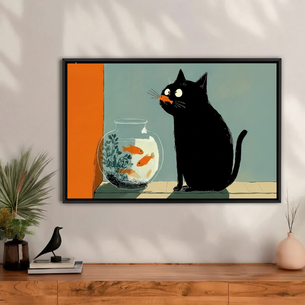 Black Cat Goldfish Bowl Retro Wall Art Print l2000