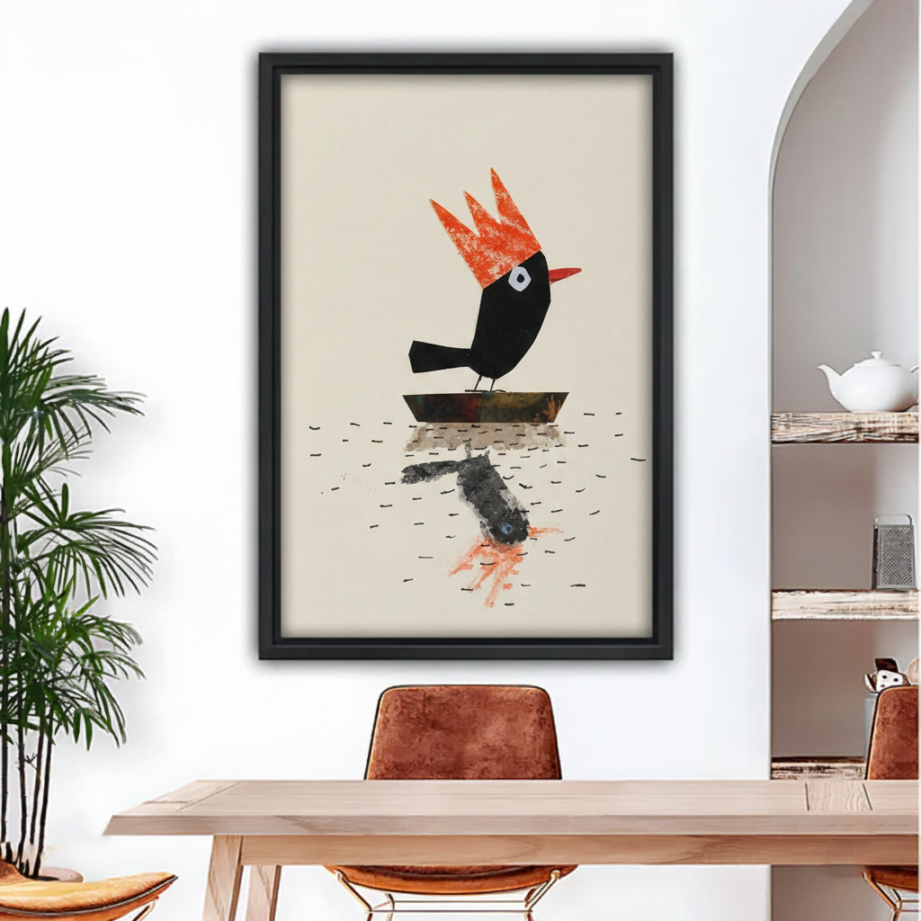 Black bird orange crown whimsical collage framed canvas wall art in black frame above dining table