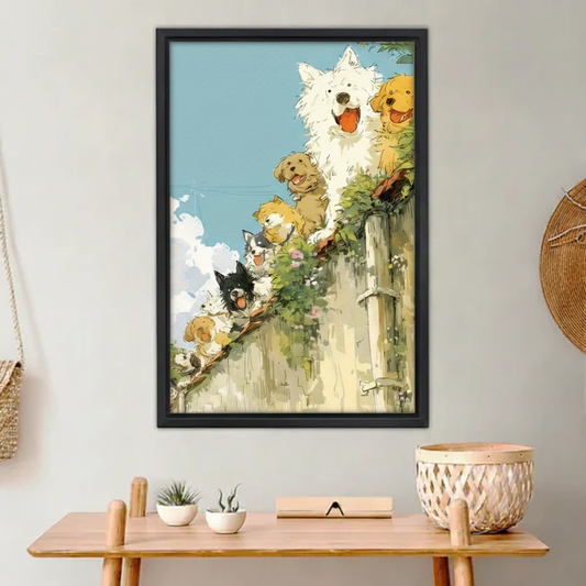 Cute Dogs Over Fence Anime Wall Art Print l2007