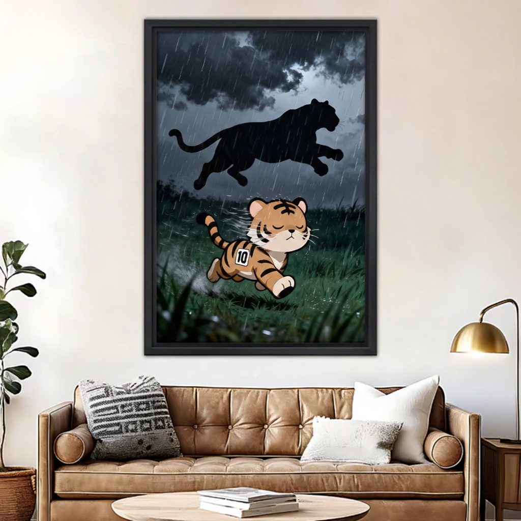 Framed tiger canvas print hanging above leather sofa – brave little tiger running in rain wall art