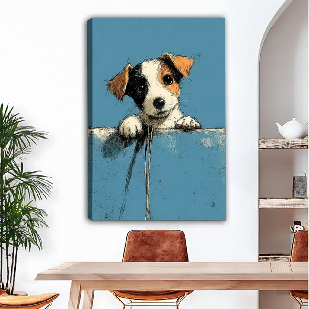 Funny puppy peeking unframed canvas art leaning against dining room wall, blue background dog sketch illustration, quirky home decor