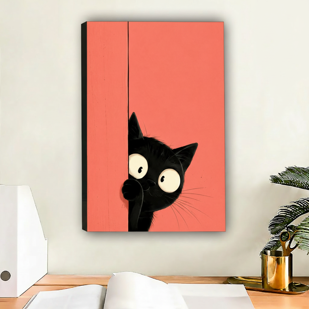 Black cat peeking canvas gallery wrap wall art in Scandinavian home interior