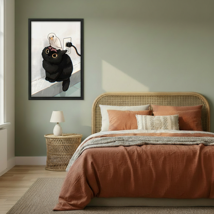 Cute cat and bird anime illustration canvas print in cozy bedroom — kawaii style wall art, adorable cat lover bedroom decor