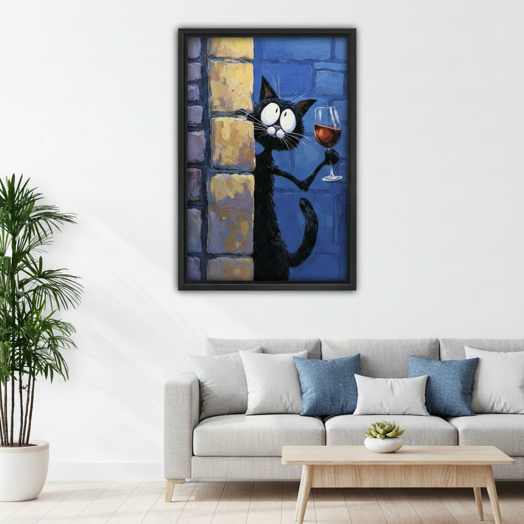 Humorous black cat wine wall art print in cozy bedroom above bed, funny cat canvas decor for playful and wine-loving living space