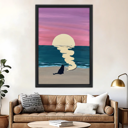 Sunset beach cat canvas print hanging above brown leather sofa — minimalist ocean wall art