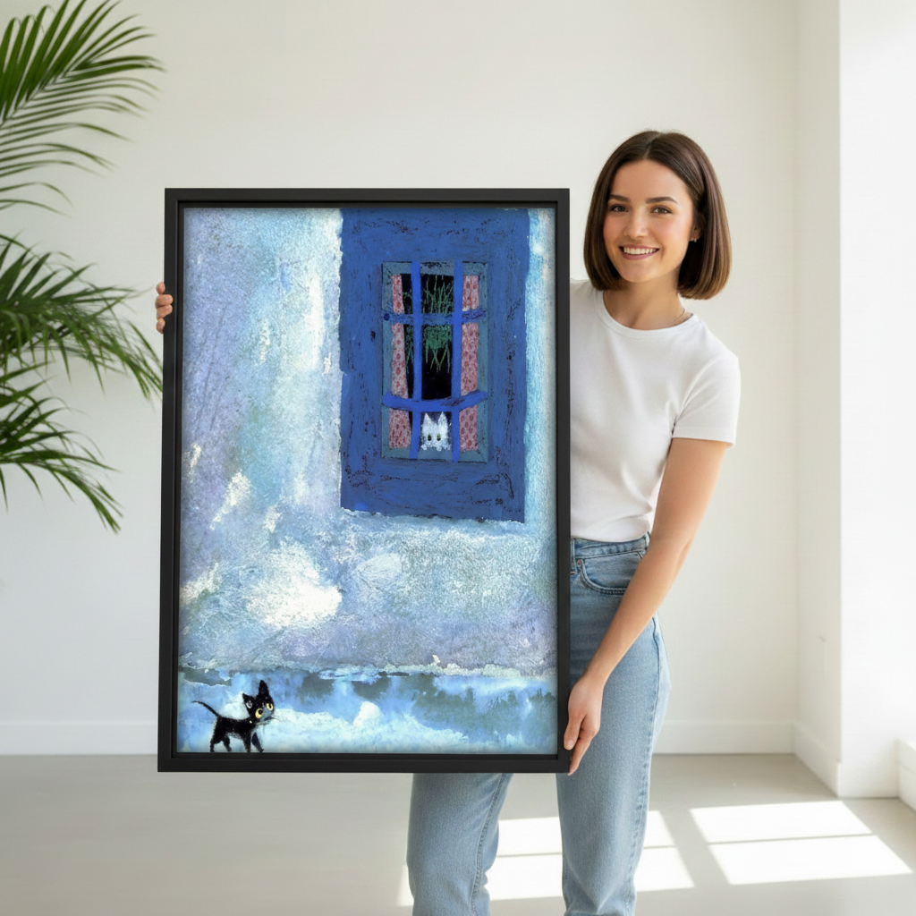 Woman holding black white cats window impressionist oil painting, black frame, blue window cat illustration, cat lover gift idea