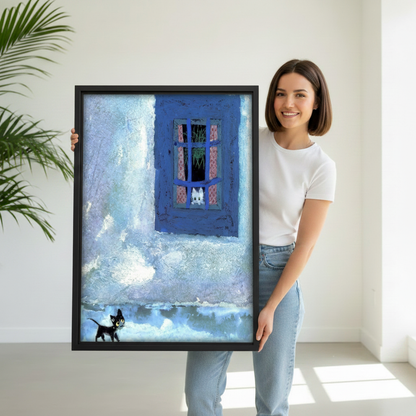 Woman holding black white cats window impressionist oil painting, black frame, blue window cat illustration, cat lover gift idea