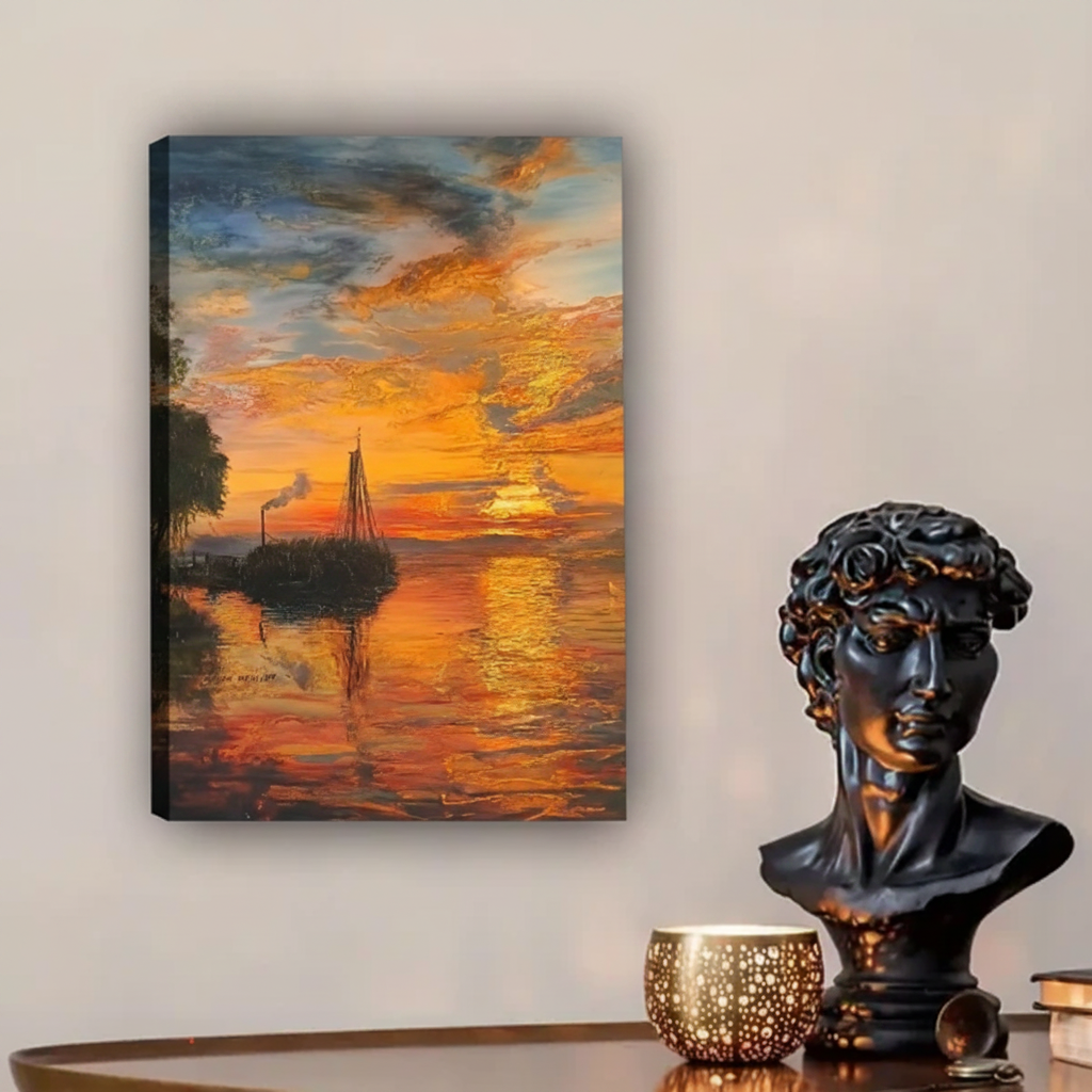 Unframed golden hour sailboat impasto canvas art print – dramatic coastal sunset painting for office wall decor