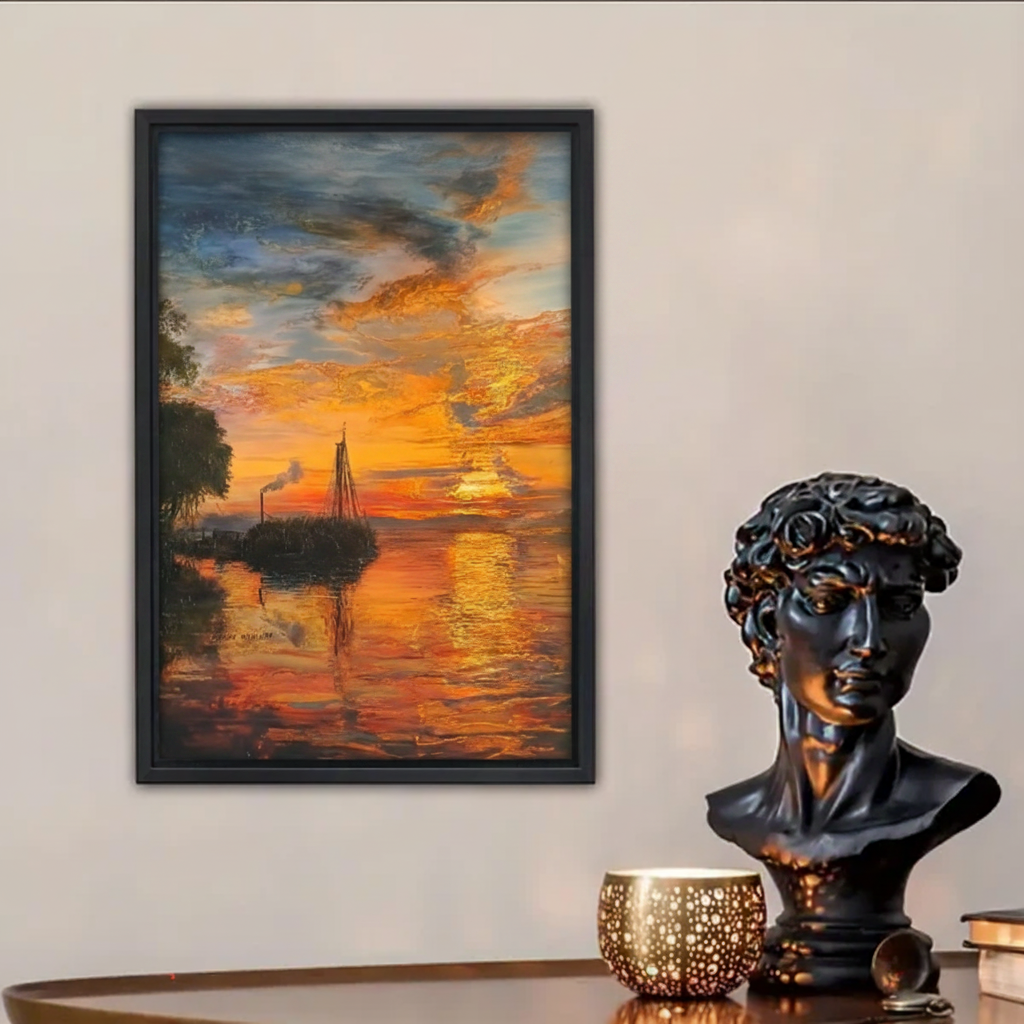 Golden sunset sailboat impasto canvas wall art print in premium wood frame – warm golden-hour seascape for living room wall decor
