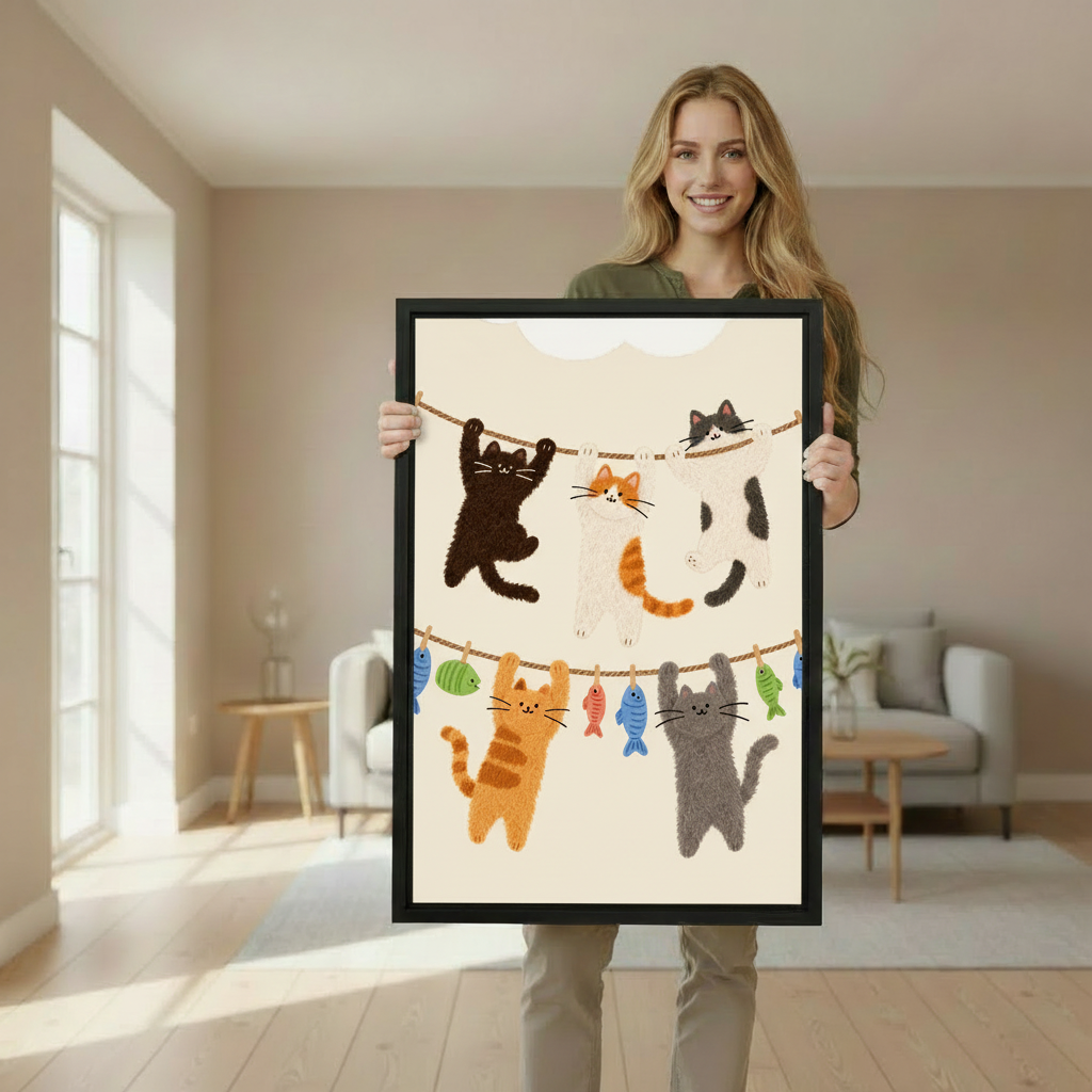 Woman holding cute cats on clothesline framed canvas wall art print in bright Scandinavian living room
