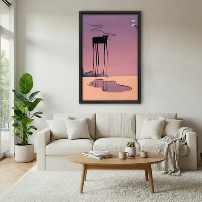 Surreal black cat with long legs and moon reflection framed canvas art in living room — purple aesthetic wall decor for modern home