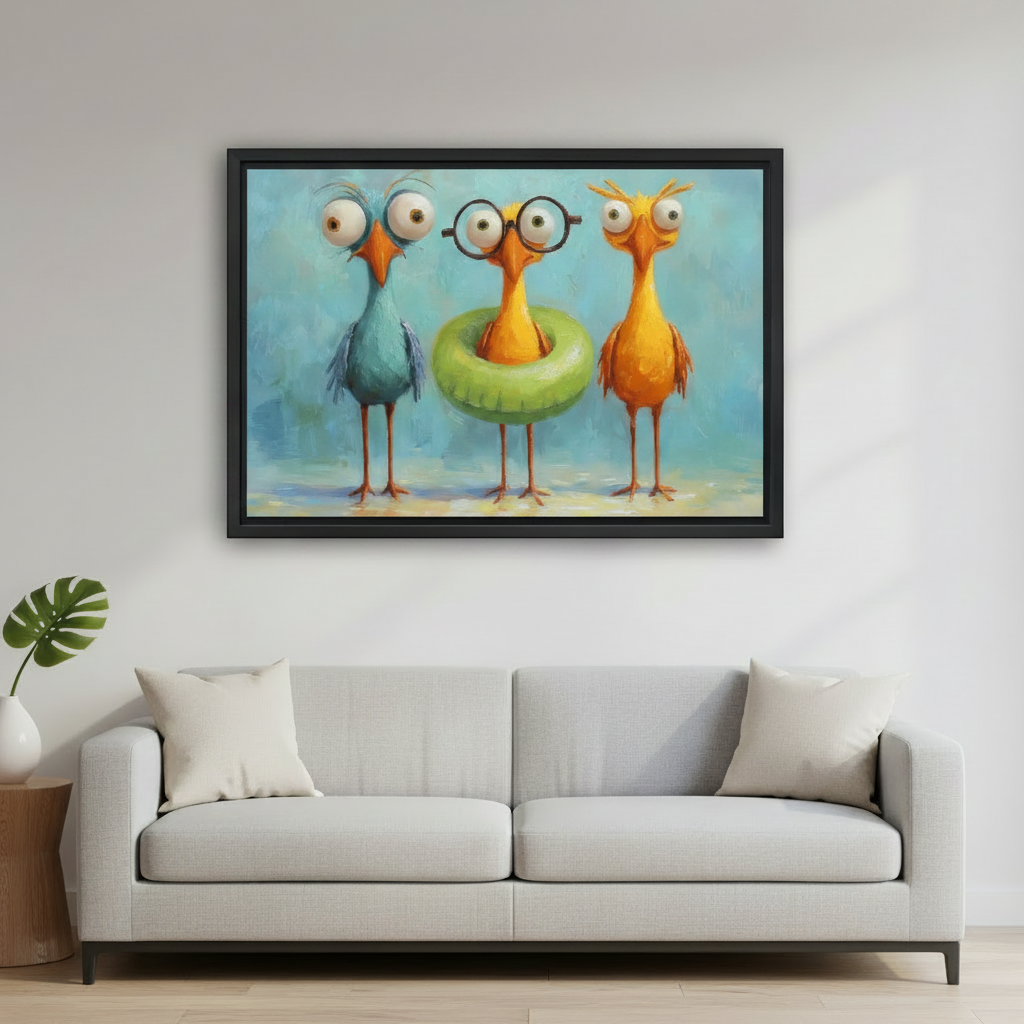 Colorful Whimsical Birds Oil Painting Square Framed Poster – Funny Bird Wall Art for Boho and Eclectic Home Decor