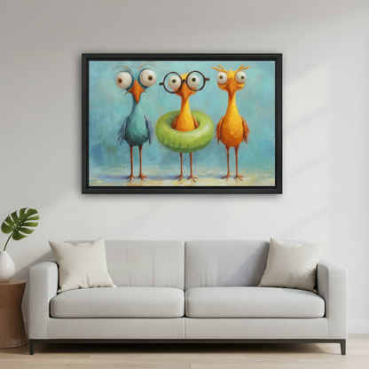Colorful Whimsical Birds Oil Painting Square Framed Poster – Funny Bird Wall Art for Boho and Eclectic Home Decor